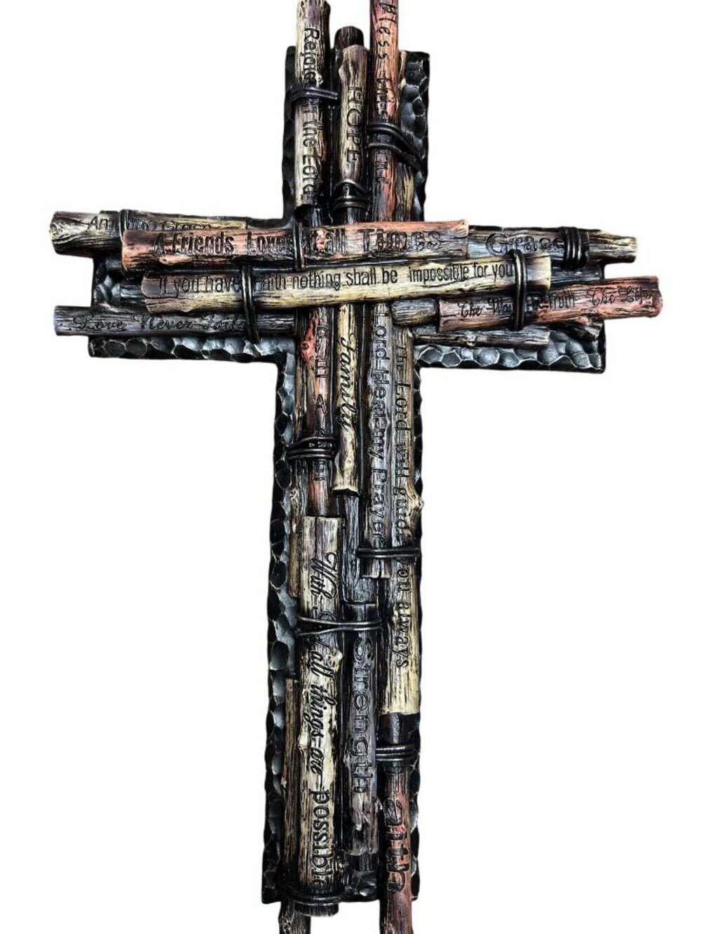 Faux Wood Resin Cross Wall Hanging With Inspirational Messages 18"x11"